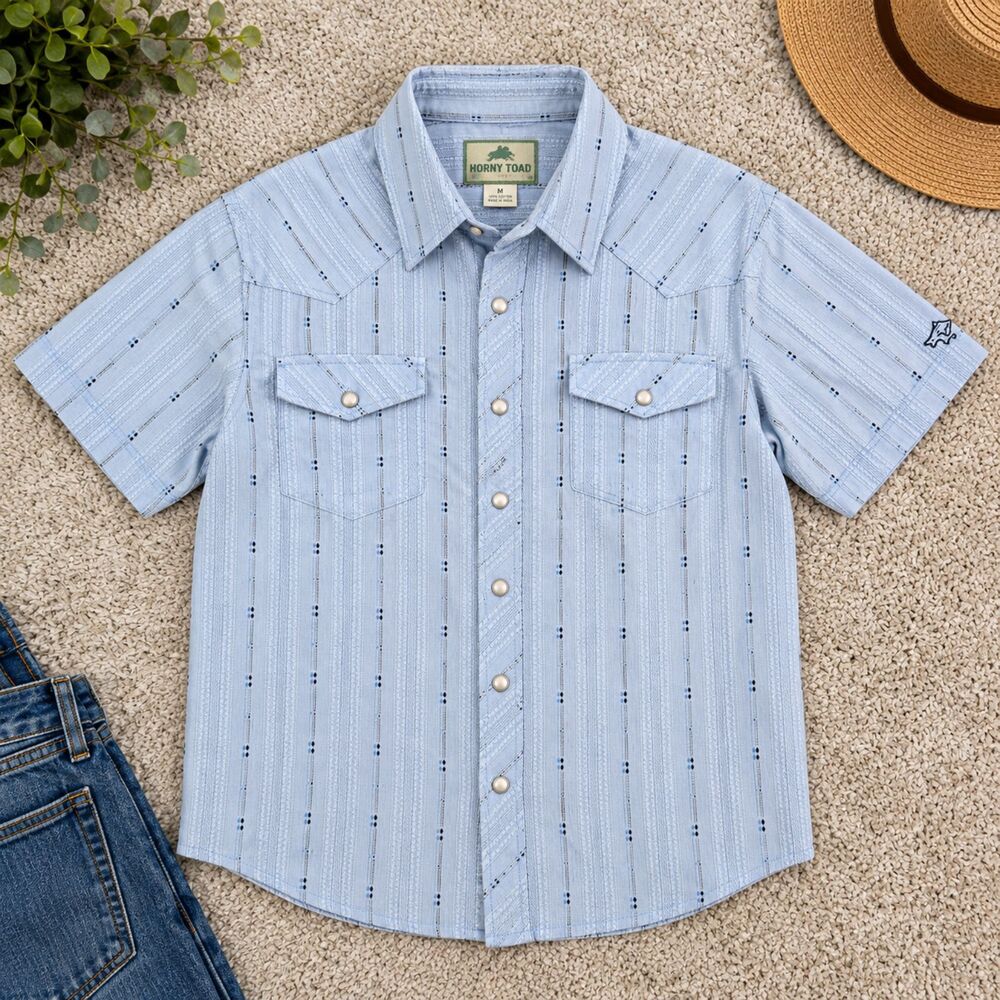 Horny Toad Mens M Blue Pearl Snap Western Shirt Cotton Textured Short Sleeve